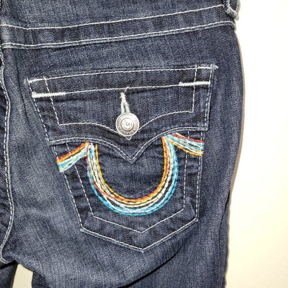 True Religion Boot Cut Blue Denim Jeans Flap Pocket Rainbow Design Women 25 - Picture 7 of 11